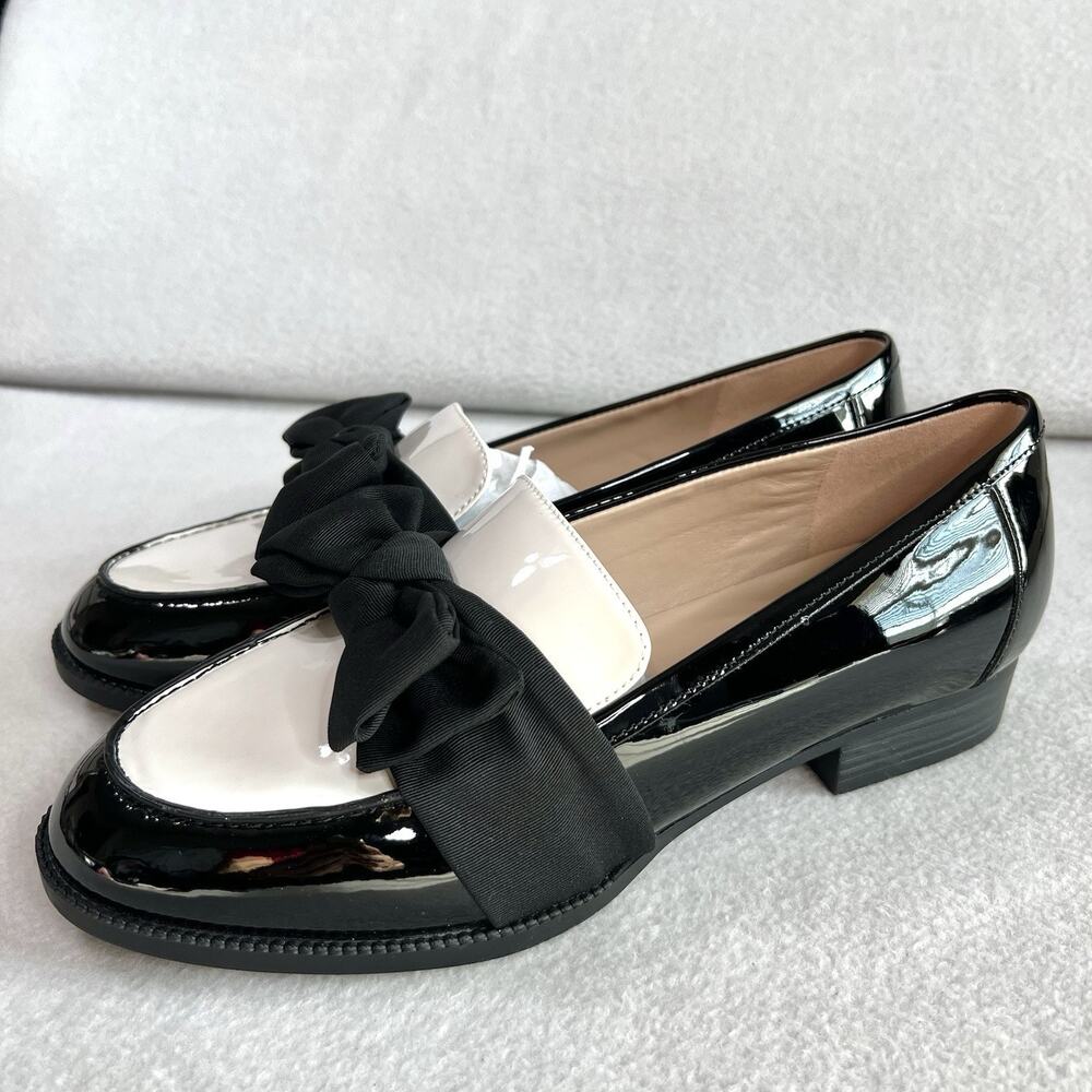 Bandolino Lindio Bow Loafer Black White Slip On Shoes Size 8.5W Block Heel NIB